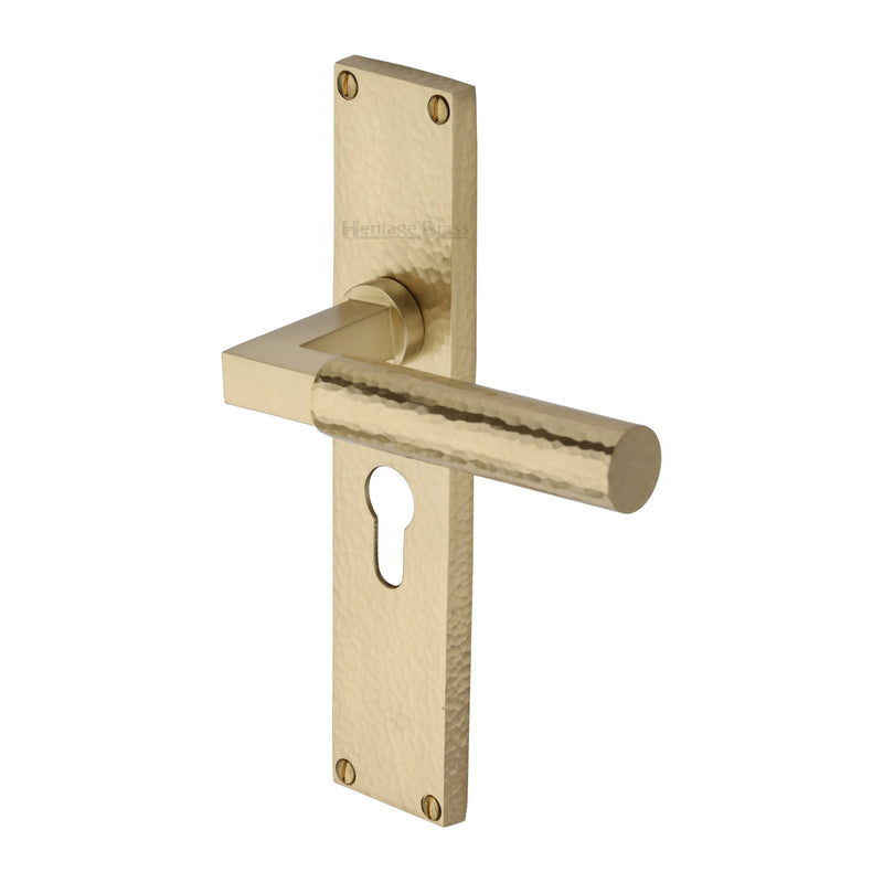 Heritage Brass Bauhaus Hammered Euro Profile Door Handle on 200mm Plate Satin Brass finish - VTH4348-SB - Choice Handles