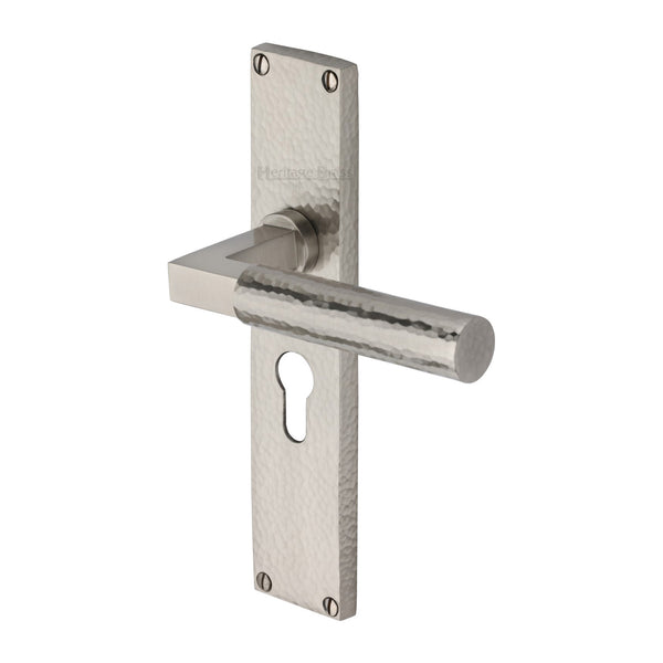 Heritage Brass Bauhaus Hammered Euro Profile Door Handle on 200mm Plate Satin Nickel finish - VTH4348-SN - Choice Handles