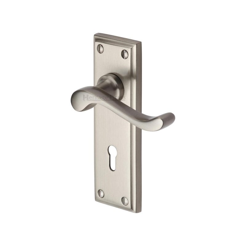 Heritage Brass Door Handle Lever Lock Edwardian Design Satin Nickel finish - W3200-SN - Choice Handles