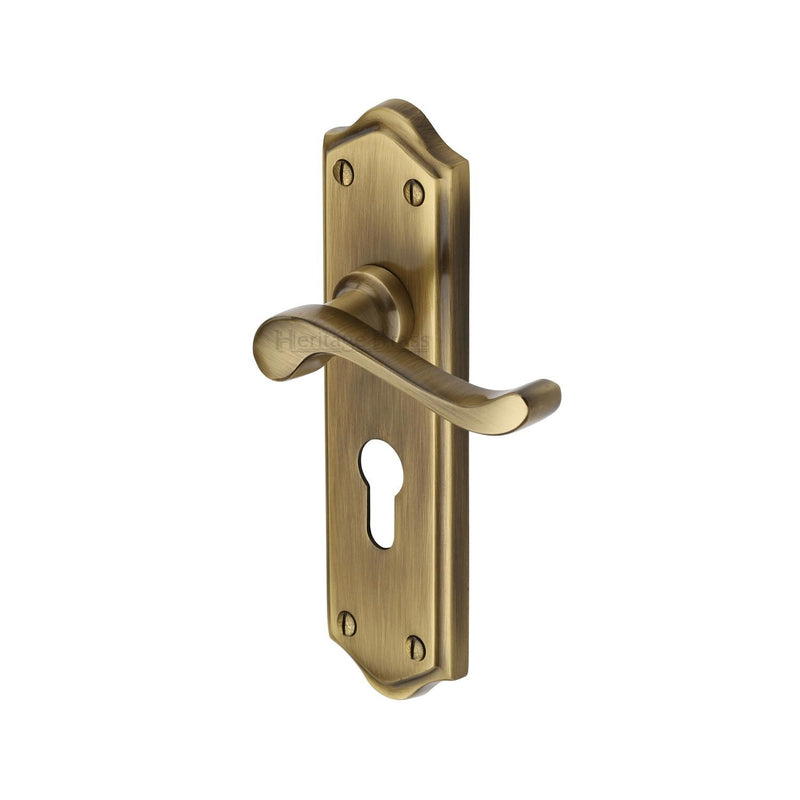 Heritage Brass Door Handle for Euro Profile Plate Buckingham Design Antique finish - W4248-AT - Choice Handles