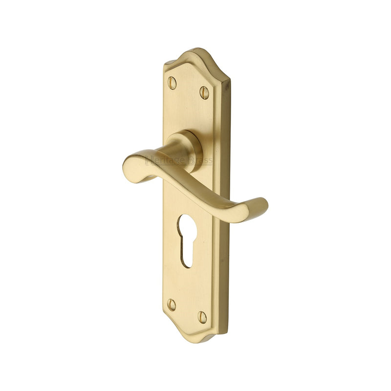 Heritage Brass Door Handle for Euro Profile Plate Buckingham Design Satin Brass finish - W4248-SB - Choice Handles