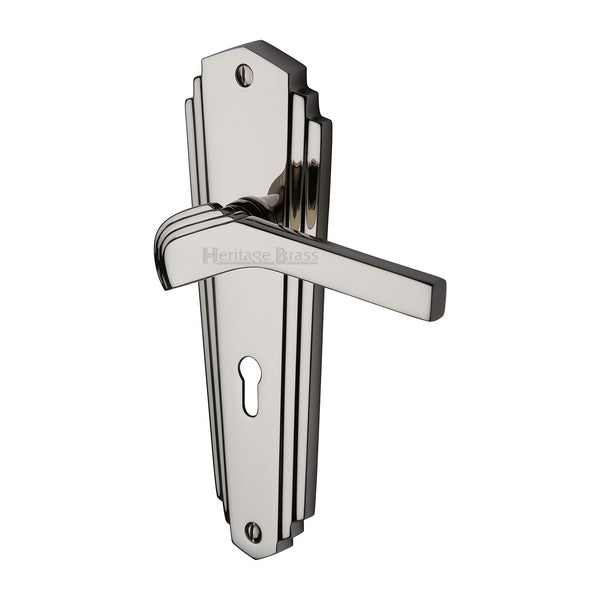 Heritage Brass Door Handle Lever Lock Waldorf Design Polished Nickel finish - WAL6500-PNF - Choice Handles