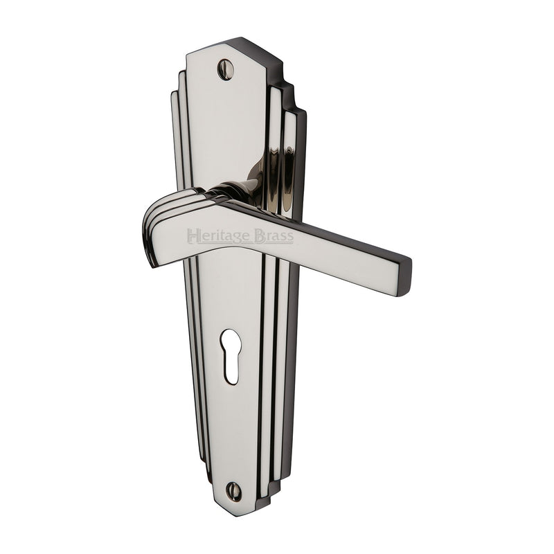 Heritage Brass Door Handle Lever Lock Waldorf Design Polished Nickel finish - WAL6500-PNF - Choice Handles
