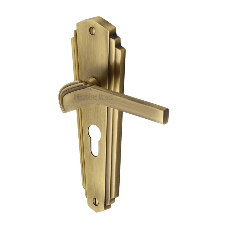 Heritage Brass Door Handle for Euro Profile Plate Waldorf Design Antique finish - WAL6548-AT - Choice Handles