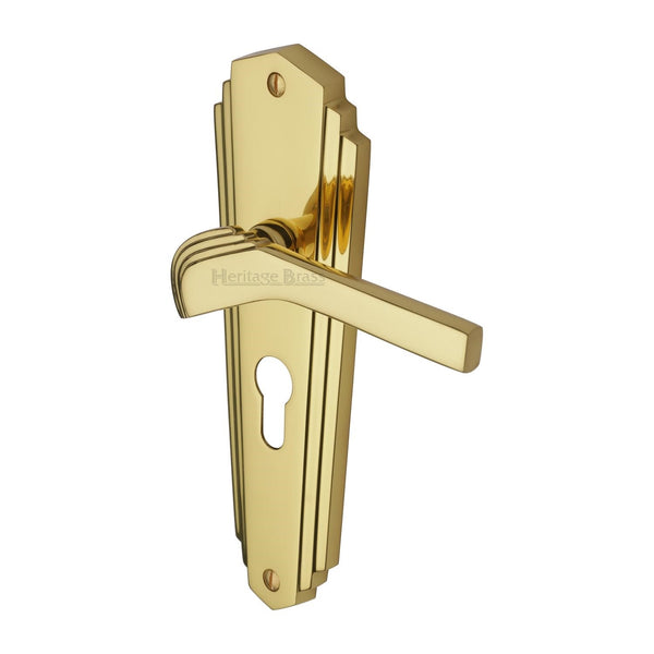 Heritage Brass Door Handle for Euro Profile Plate Waldorf Design Polished Brass finish - WAL6548-PB - Choice Handles