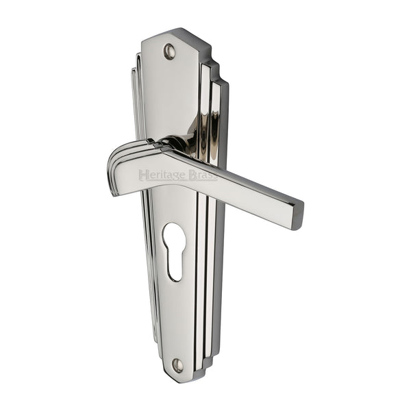 Heritage Brass Door Handle for Euro Profile Plate Waldorf Design Polished Nickel finish - WAL6548-PNF - Choice Handles