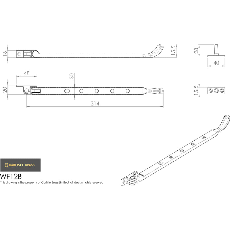 Carlisle Brass - Bulb End Casement Stay 305mm - Polished Brass - WF12B - Choice Handles