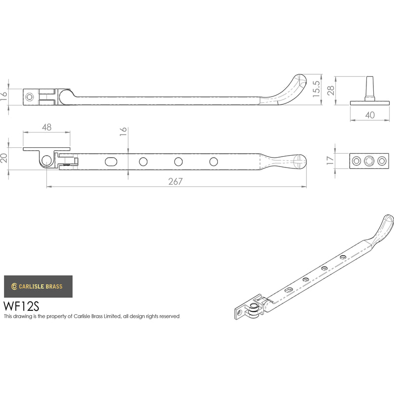 Carlisle Brass - Bulb End Casement Stay 200mm - Polished Brass - WF12S - Choice Handles