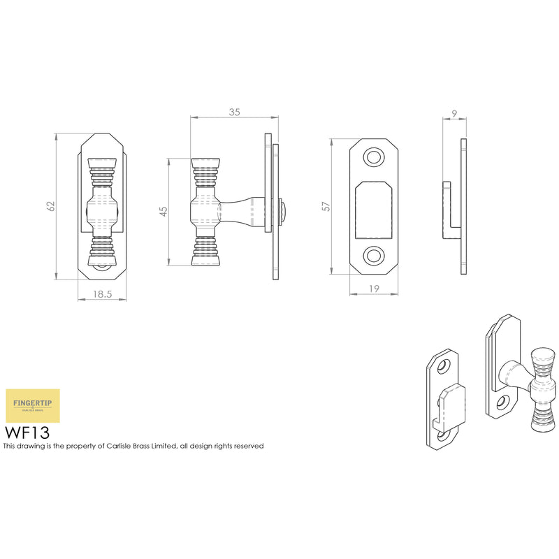Carlisle Brass - Ftd T- Handle Fastener 57 X 19mm - Polished Brass - WF13 - Choice Handles