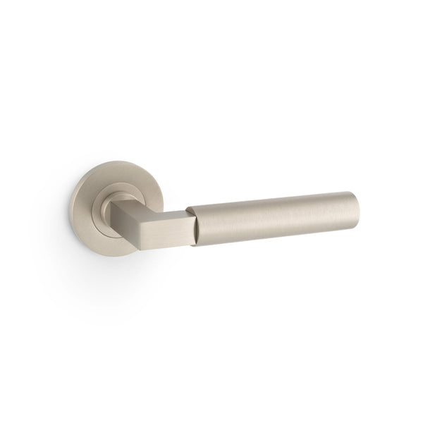 Alexander and Wilks -  Hurricane Plain Lever on Round Rose - Satin Nickel - AW201SN