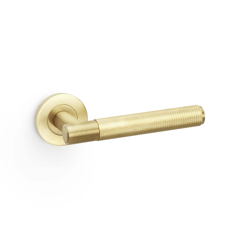 Alexander and Wilks - Spitfire Knurled Lever on Round Rose - Satin Brass PVD - AW220SBPVD