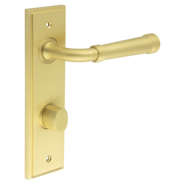 Burlington - Highgate Door Handle Din Bathroom Backplate Satin Brass & Turn & Release - BUR-35SB-456SB-81SB - Choice Handles