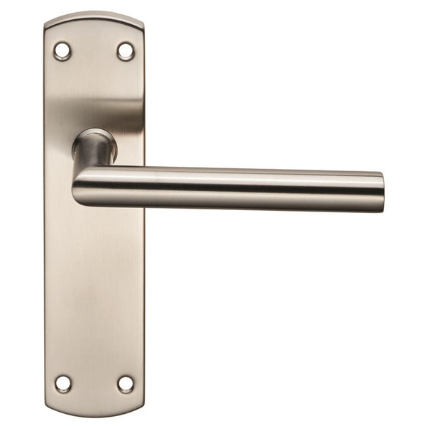 Eurospec - Steelworx Residential Mitred Lever on Latch Backplate - Satin Stainless Steel - CSLP1162B/SSS - Choice Handles