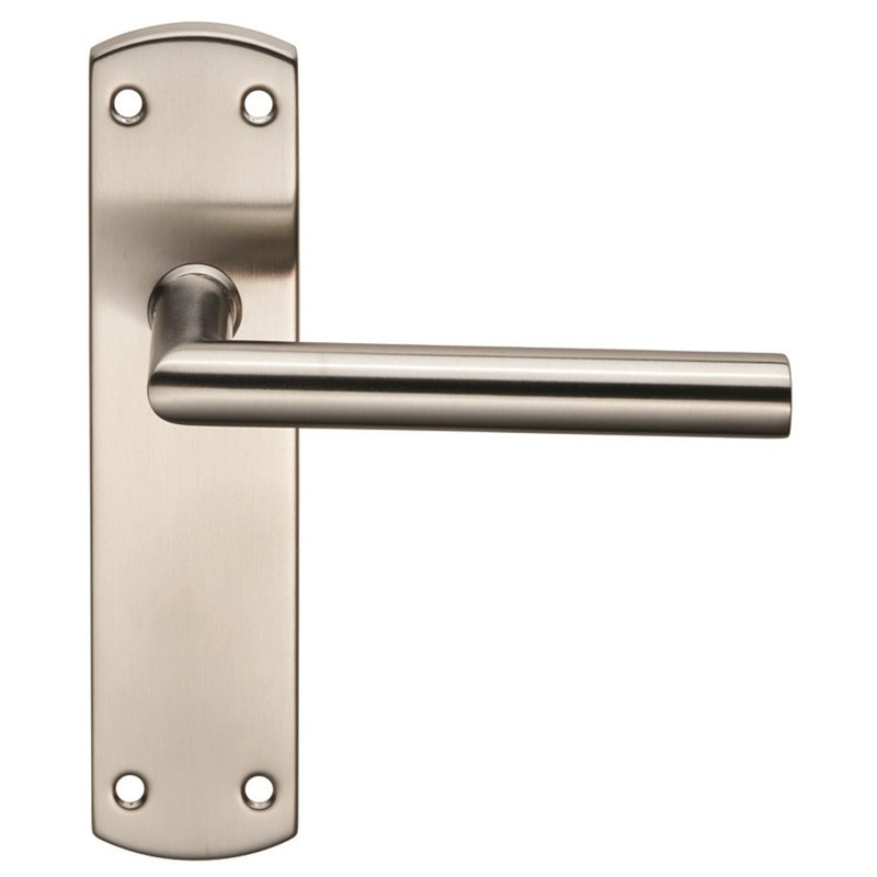 Eurospec - Steelworx Residential Mitred Lever on Latch Backplate - Satin Stainless Steel - CSLP1162B/SSS - Choice Handles