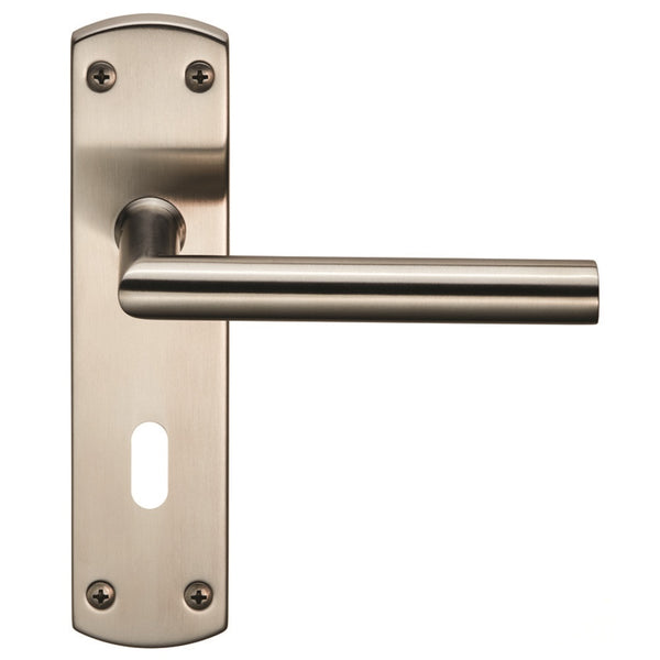 Eurospec - Steelworx Residential Mitred Lever on Lock Backplate - Satin Stainless Steel - CSLP1162P/SSS - Choice Handles