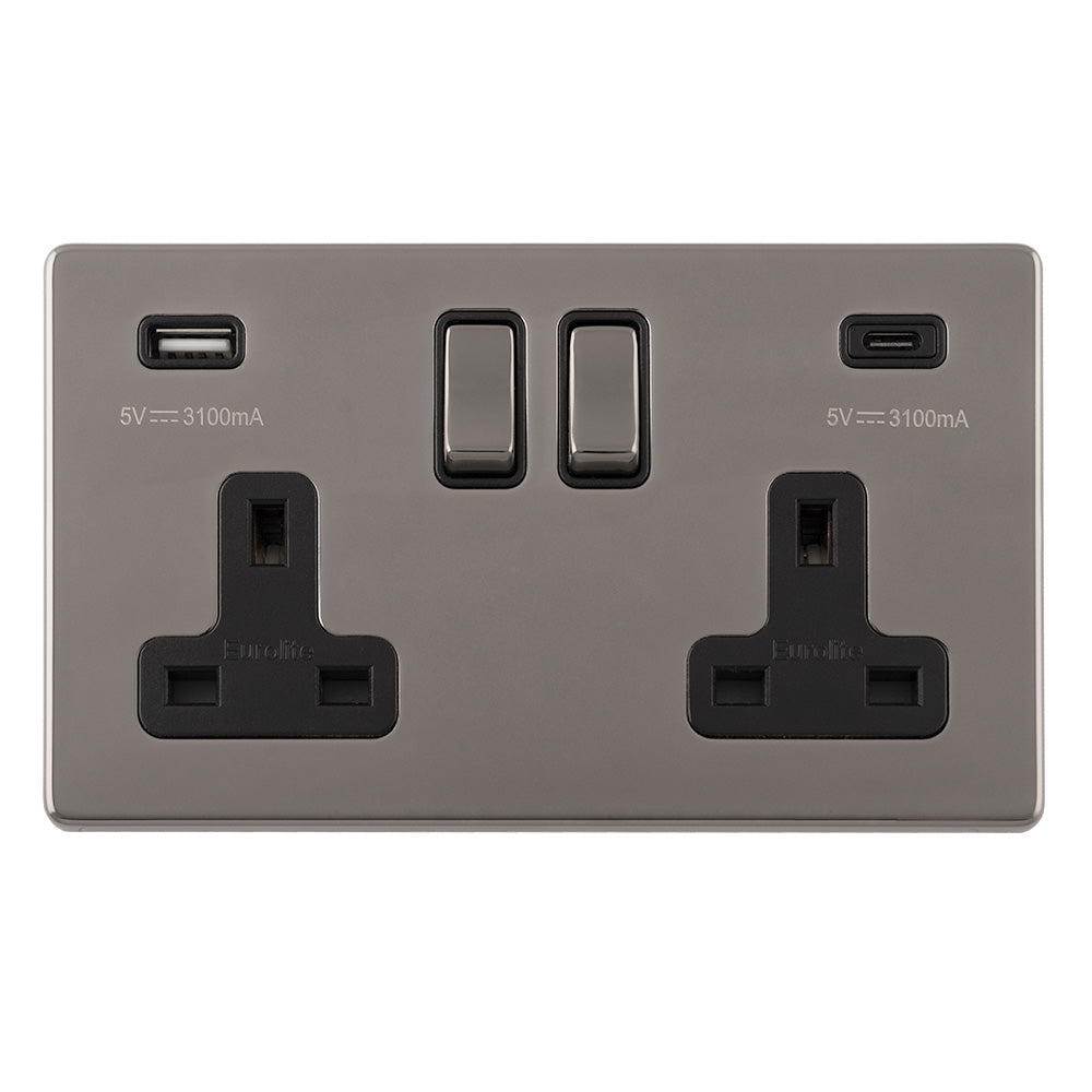 Usbc Rectangular Socket Eurolite Concealed 3mm Concealed 3Mm 2 Gang Usbc Socket - Black Nickel