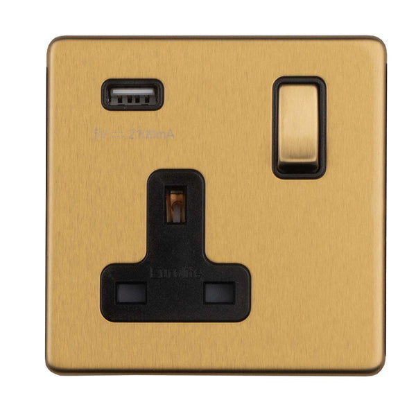 Eurolite Concealed 3mm 1 Gang Switched Socket With Usb - Satin Brass - ECSB1USBB - Choice Handles