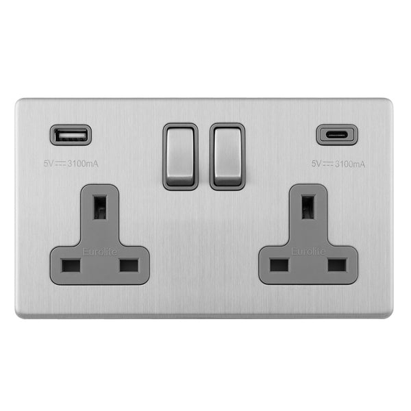 Eurolite Concealed 3mm Concealed 3Mm 2 Gang Usbc Socket - Stainless Steel - ECSS2USBCG - Choice Handles