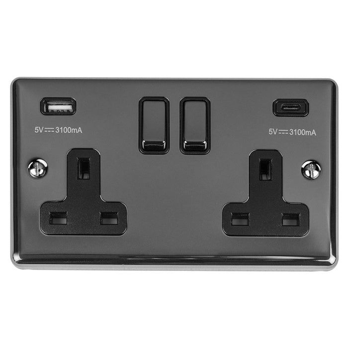 Eurolite Enhance Decorative 2 Gang 13Amp Switched Socket With Usb C Black Nickel - Black Nickel - EN2USBCBNB - Choice Handles