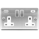 Eurolite Enhance Decorative 2 Gang 13Amp Switched Socket With Usb C Stainless Steel - Satin Stainless - EN2USBCSSW - Choice Handles
