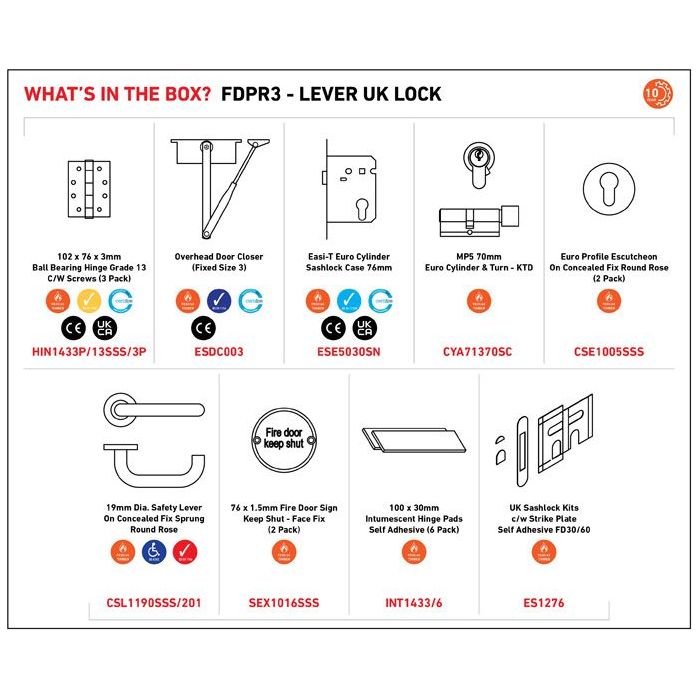 Eurospec - Residential Fire Door Pack - Lever Lock - Satin Stainless Steel - FDPR3