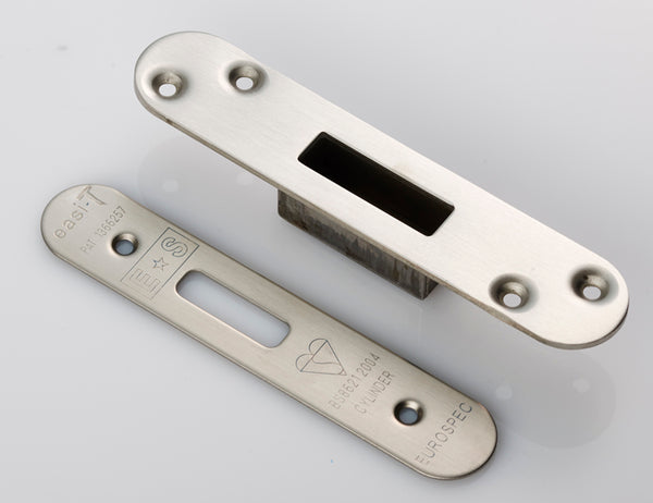 Eurospec - Forend Strike & Fixing Pack To Suit Bs8621 Cylinder Deadlock - Radius - Satin Stainless Steel - FSF5029SSS/R