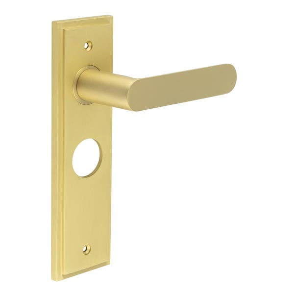 Burlington - Kensington Door Handle On Bathroom Backplate - Satin Brass - BUR25KIT244 - Choice Handles