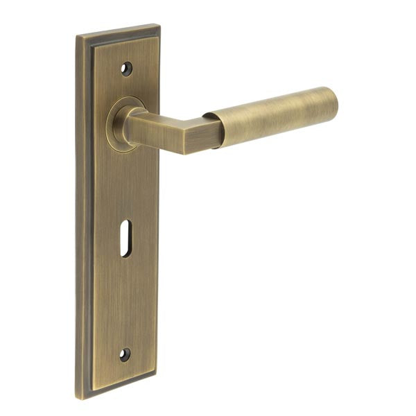 Burlington - Westminster Door Handle On Lock Backplate - Antique Brass - BUR30KIT9 - Choice Handles