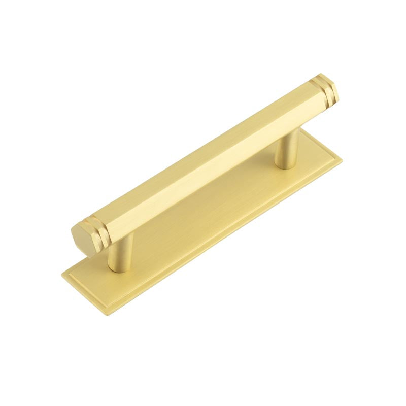 Hoxton - Nile Cabinet Handles 96mm Ctrs Stepped Backplate - Satin Brass - HOX-350SB-6050SB - Choice Handles