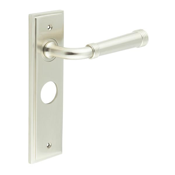 Burlington - Highgate Door Handle On Bathroom Backplate - Satin Nickel - BUR35KIT322 - Choice Handles