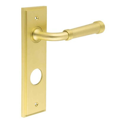 Burlington - Highgate Door Handle On Din Bathroom Backplate - Satin Brass - BUR35KIT247 - Choice Handles