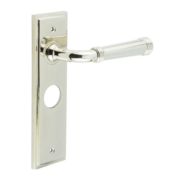 Burlington - Highgate Door Handle On Bathroom Backplate - Polished Nickel - BUR35KIT166 - Choice Handles
