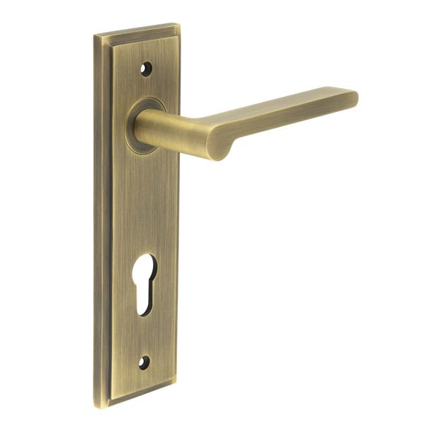 Burlington - Fitzrovia Door Handle On Din Euro Backplate - Antique Brass - BUR15KIT12 - Choice Handles