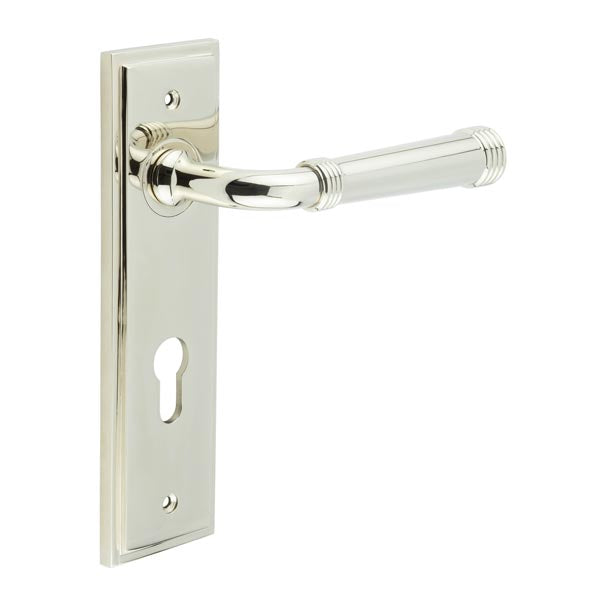 Burlington - Highgate Door Handle On Din Euro Backplate - Polished Nickel - BUR35KIT168 - Choice Handles
