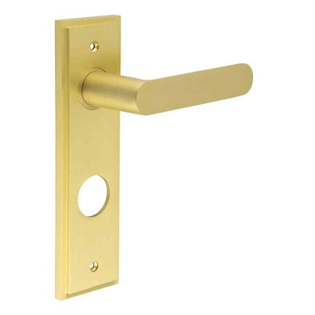 Burlington - Kensington Door Handle On Din Bathroom Backplate - Satin Brass - BUR25KIT247 - Choice Handles