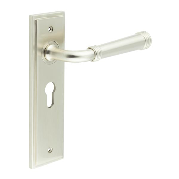 Burlington - Highgate Door Handle On Din Euro Backplate - Satin Nickel - BUR35KIT323 - Choice Handles