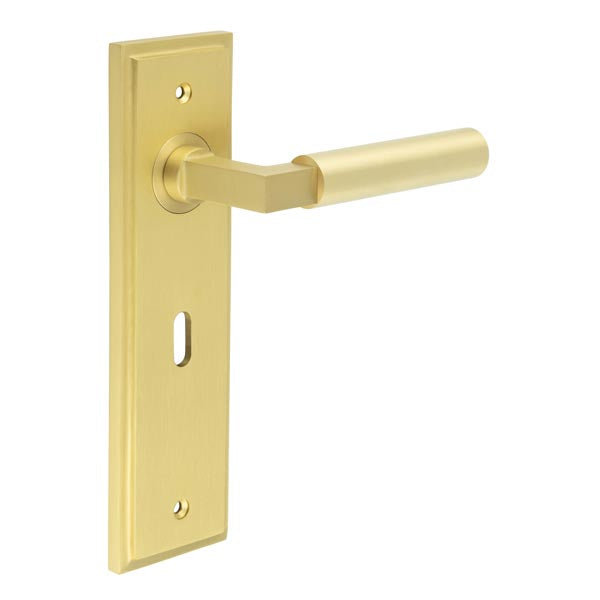Burlington - Westminster Door Handle On Lock Backplate - Satin Brass - BUR30KIT243 - Choice Handles