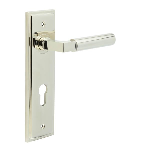 Burlington - Westminster Door Handle On Din Euro Backplate - Polished Nickel - BUR30KIT168 - Choice Handles