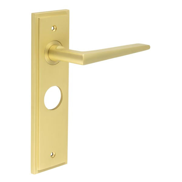 Burlington - Mayfair Door Handle On Bathroom Backplate - Satin Brass - BUR10KIT244 - Choice Handles