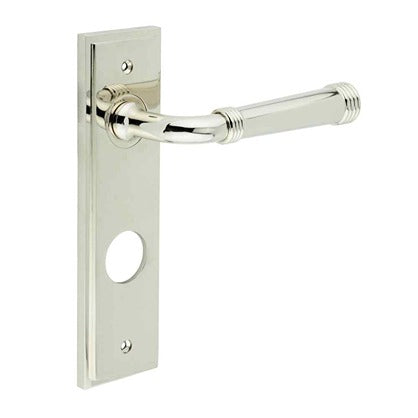 Burlington - Highgate Door Handle On Din Bathroom Backplate - Polished Nickel - BUR35KIT169 - Choice Handles