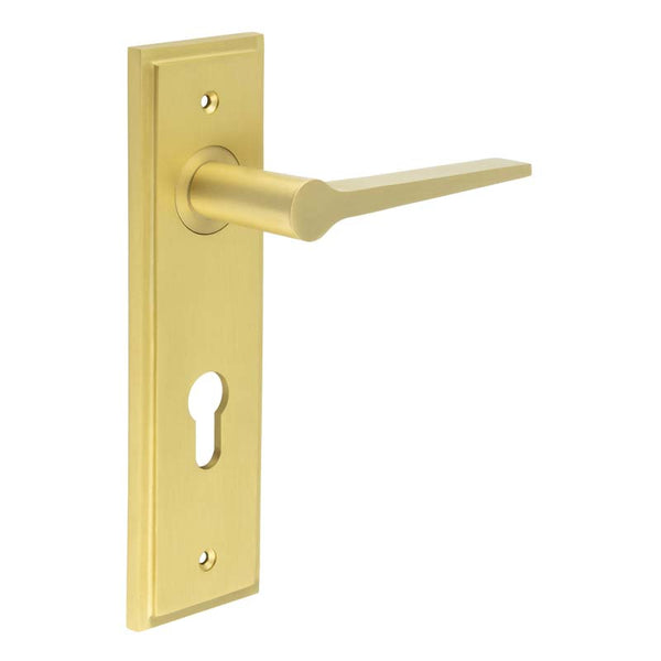 Burlington - Knightbridge Door Handle On Din Euro Backplate - Satin Brass - BUR20KIT246 - Choice Handles