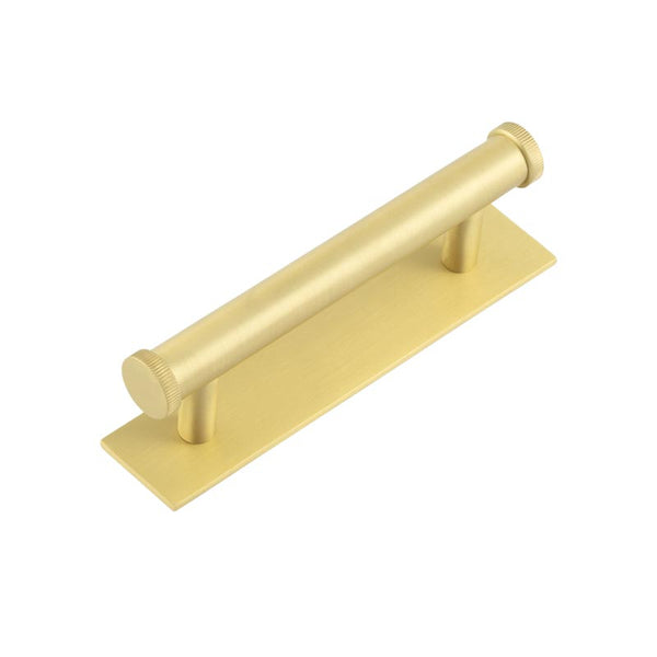 Hoxton Thaxted Cabinet Handles 96mm Ctrs Plain Backplate   - Satin Brass - HOX-250SB-5050SB - Choice Handles