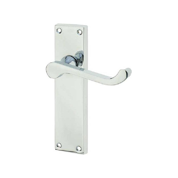 Jedo - Victorian Scroll Door Handle on Long Latchset Plate - Polished Chrome - JV11LPC - Choice Handles