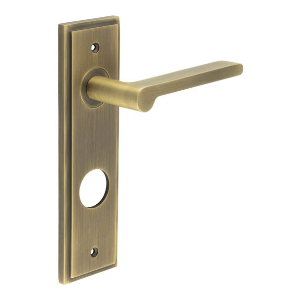 Burlington - Fitzrovia Door Handle on Din Bathroom Backplate - Antique Brass - BUR15KIT13 - Choice Handles