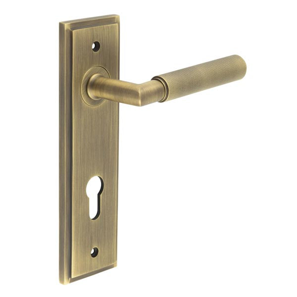 Burlington - Piccadilly Door Handle On Din Euro Backplate - Antique Brass - BUR40KIT12 - Choice Handles