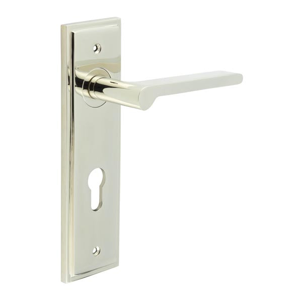 Burlington - Fitzrovia Door Handle On Din Euro Backplate - Polished Nickel - BUR15KIT168 - Choice Handles