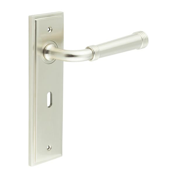 Burlington - Highgate Door Handle On Lock Backplate - Satin Nickel - BUR35KIT321 - Choice Handles