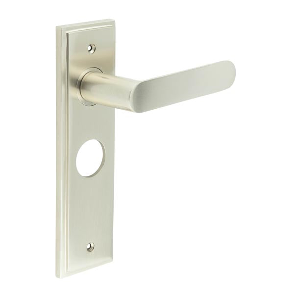 Burlington - Kensington Door Handle On Bathroom Backplate - Satin Nickel - BUR25KIT322 - Choice Handles