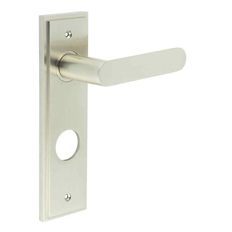 Burlington - Kensington Door Handle On Din Bathroom Backplate - Satin Nickel - BUR25KIT325 - Choice Handles