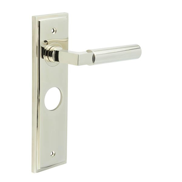Burlington - Westminster Door Handle On Bathroom Backplate - Polished Nickel - BUR30KIT166 - Choice Handles